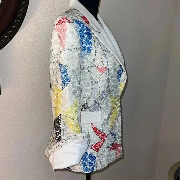 L'MOMO Women’s Abstract Sequin Lace Blazer with White Lapel Size 8 NWT - Picture 8 of 16